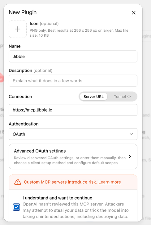 Add new plugin in ChatGPT for Jibble MCP